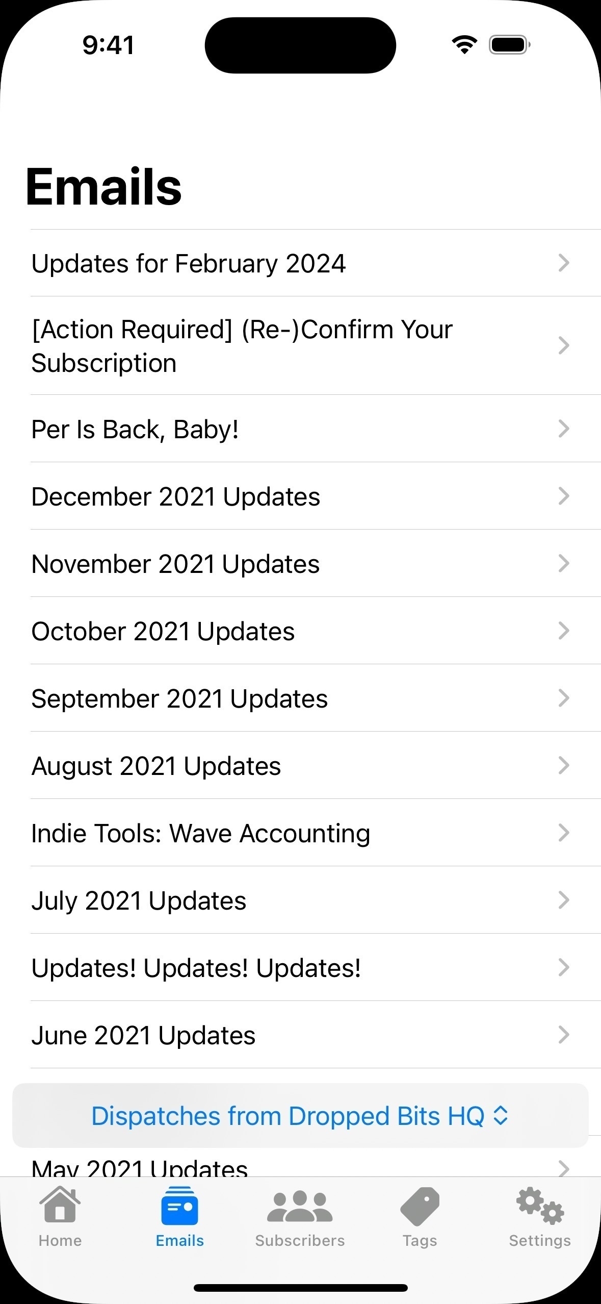 An iPhone screenshot of a new app showing a list of email subjects. In the tab bar there are also options for "Home", "Subscribers", "Tags", and "Settings" that can be selected.