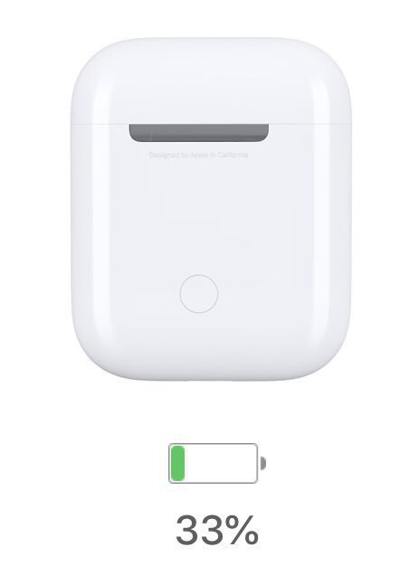 Image of AirPods case battery charge status indicating 33% but whose progress bar appears nearly empty.